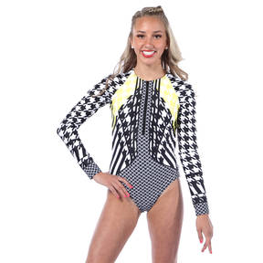 Youth Houndstooth Zipper Front Long Sleeve Leotard
